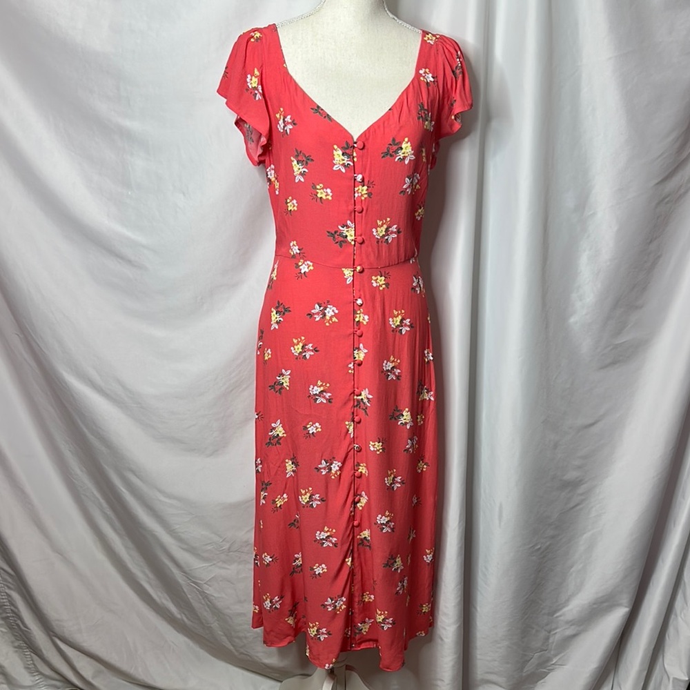 LOFT Coral Pink Flutter Sleeve Sweetheart Neck Midi Dress